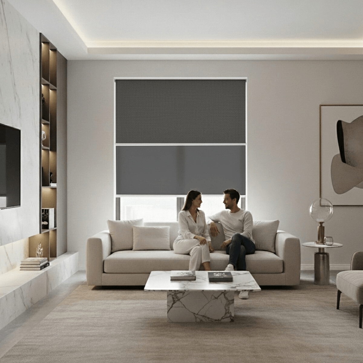 Cortina Roller Blackout Doble 2 Paño Con Visillo Gris Oscuro Lino SIN CENEFA