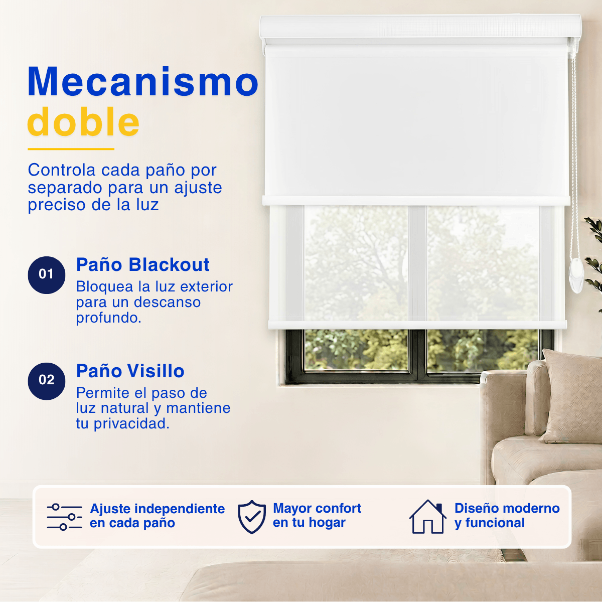 Cortina Roller Blackout 2 Paño Doble Con Visillo CON CENEFA - BLANCO NIEVE