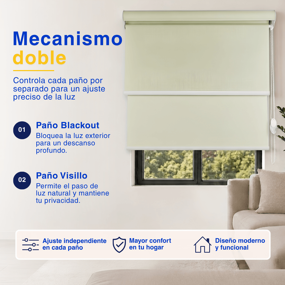 Cortina Roller Blackout 2 Paño Doble Con Visillo CON CENEFA - CREMA MANZANA