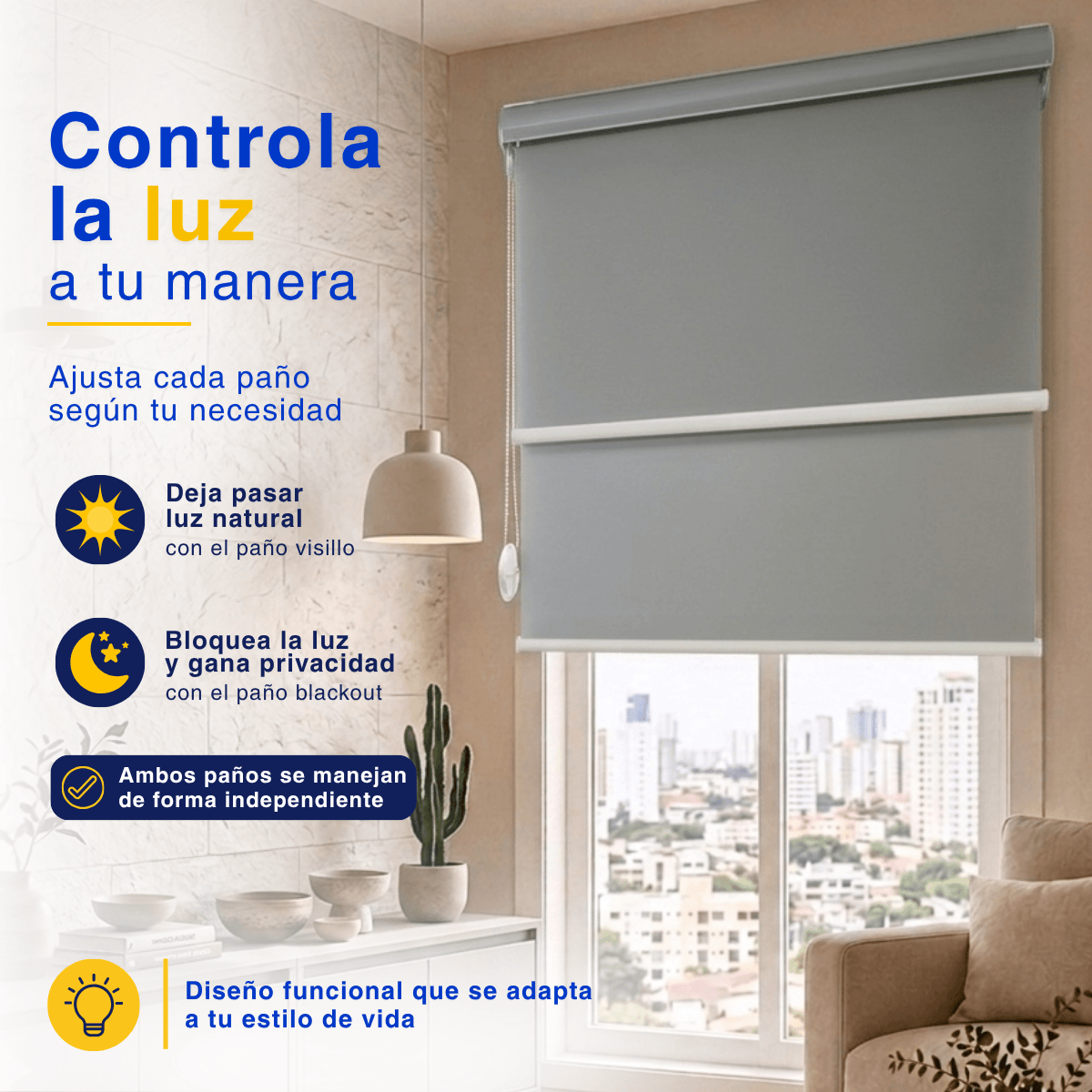 Cortina Roller Blackout 2 Paño Doble Con Visillo CON CENEFA - GRIS LISO