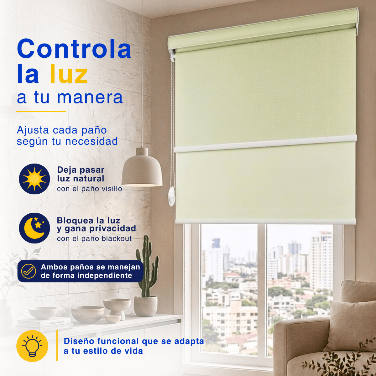 Cortina Roller Blackout 2 Paño Doble Con Visillo CON CENEFA - CREMA MANZANA