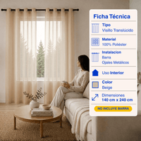 Cortina Visillo Velo Fino Traslúcido 2 Paños Beige Guiza