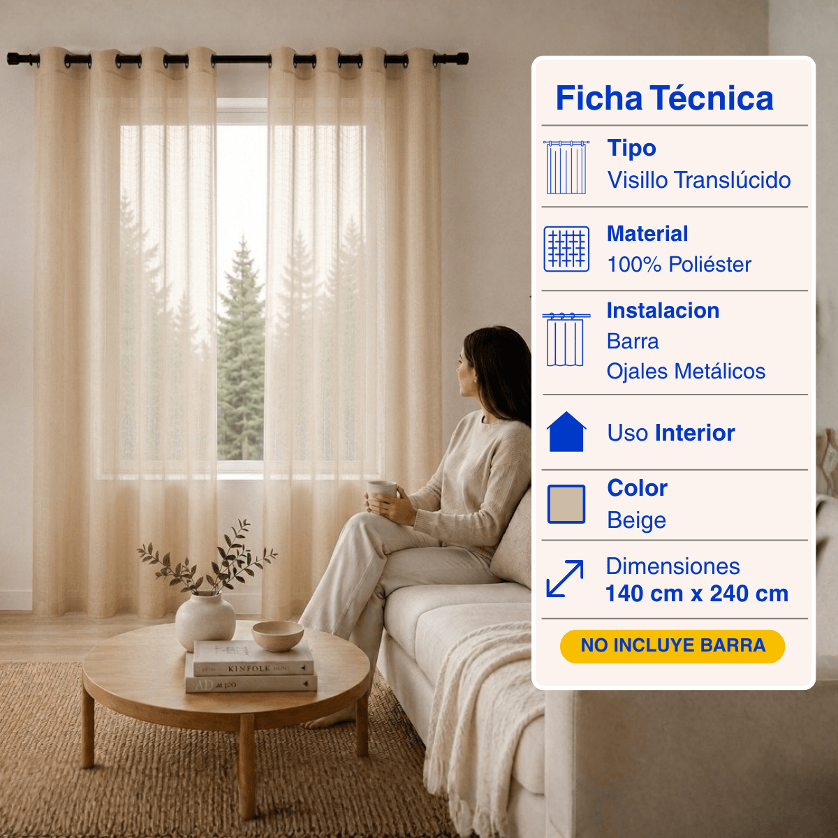 Cortina Visillo Velo Fino Traslúcido 2 Paños Beige Guiza