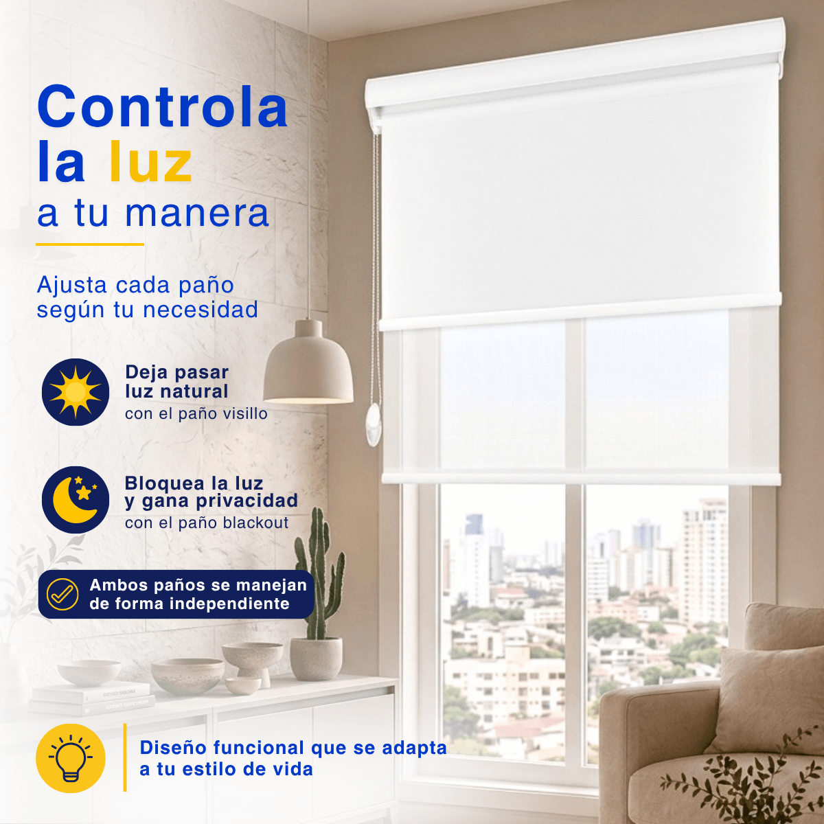 Cortina Roller Blackout 2 Paño Doble Con Visillo CON CENEFA - BLANCO LISO