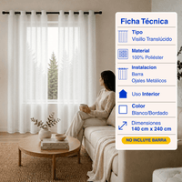 Cortina Visillo Velo Lino Traslúcido 2 Paños Blanco Liso Guiza
