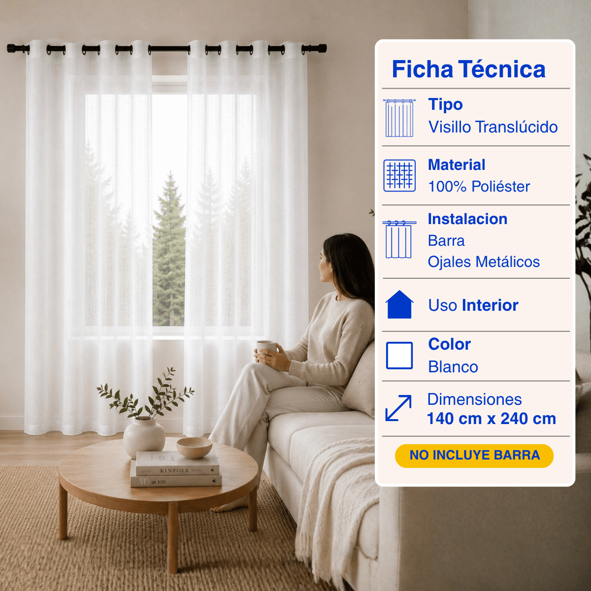 Cortina Visillo Velo Fino Traslúcido 2 Paños Blanco Liso Guiza