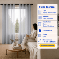 Cortina Visillo Velo Fino Traslúcido 2 Paños Gris Guiza