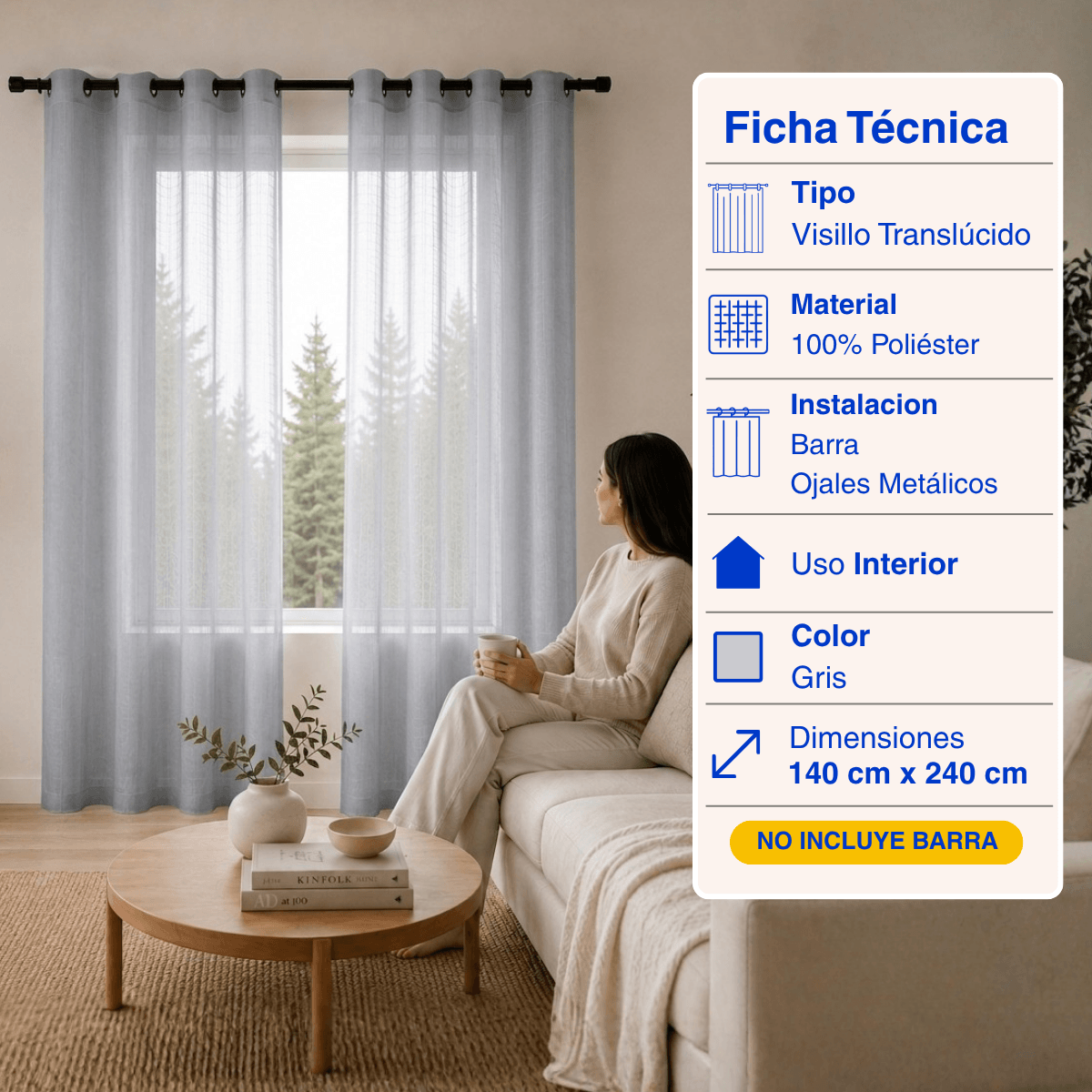 Cortina Visillo Velo Fino Traslúcido 2 Paños Gris Guiza
