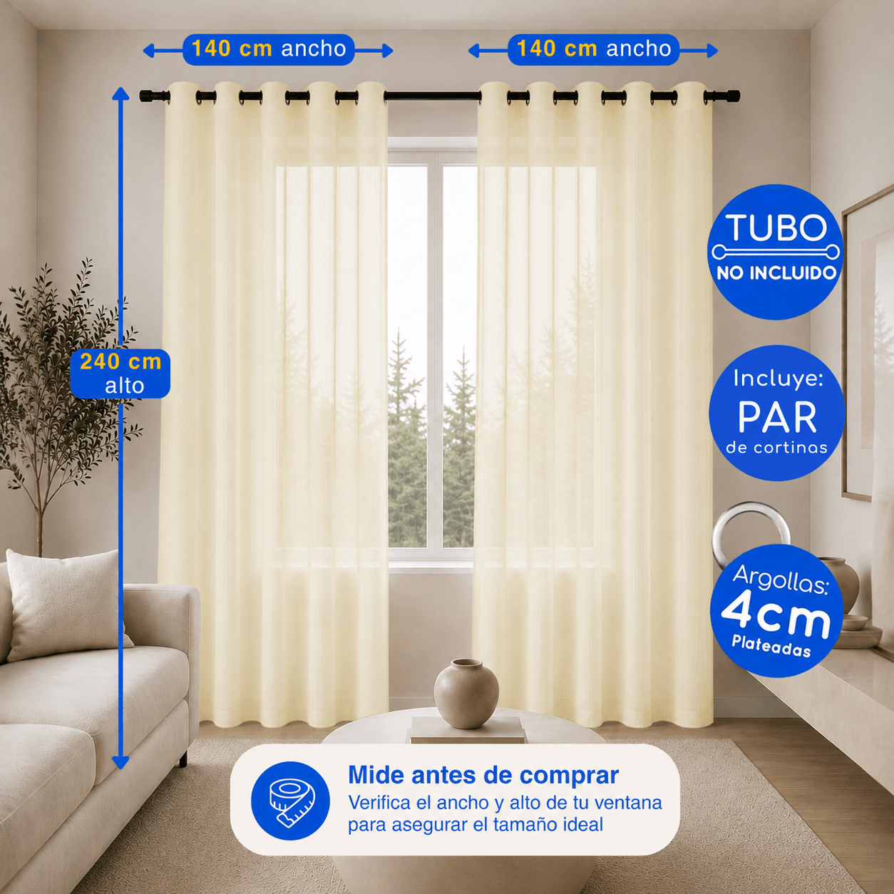 Cortina Visillo Velo Liso Traslúcido 2 Paños Beige Guiza
