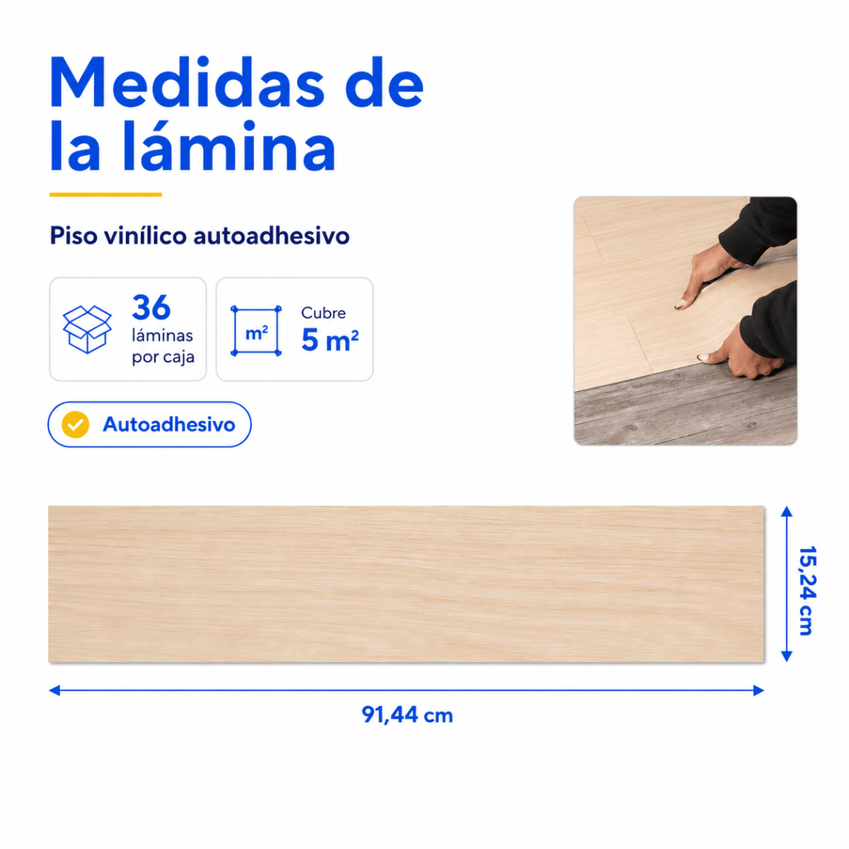 Piso Vinílico Autoadhesivo 91,44x15,24cm Antideslizante 5m2 36 piezas Beige Guiza