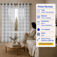 Cortina Visillo Velo Lino Traslúcido 2 Paños Gris Rayas Guiza