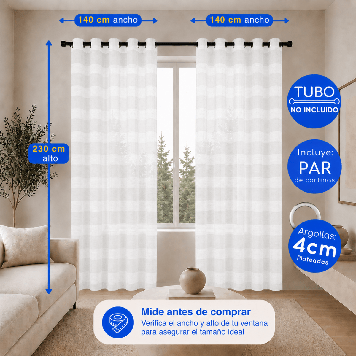 Cortina Visillo Velo Lino Traslúcido 2 Paños Blanco Rayas Guiza
