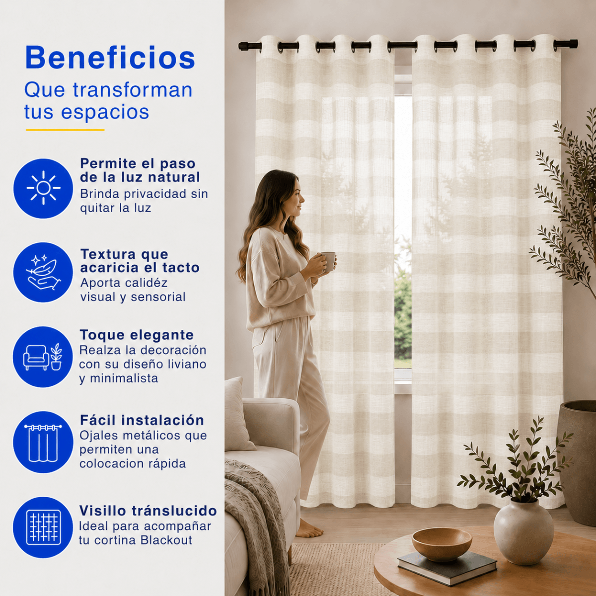 Cortina Visillo Velo Lino Traslúcido 2 Paños Beige Rayas Guiza