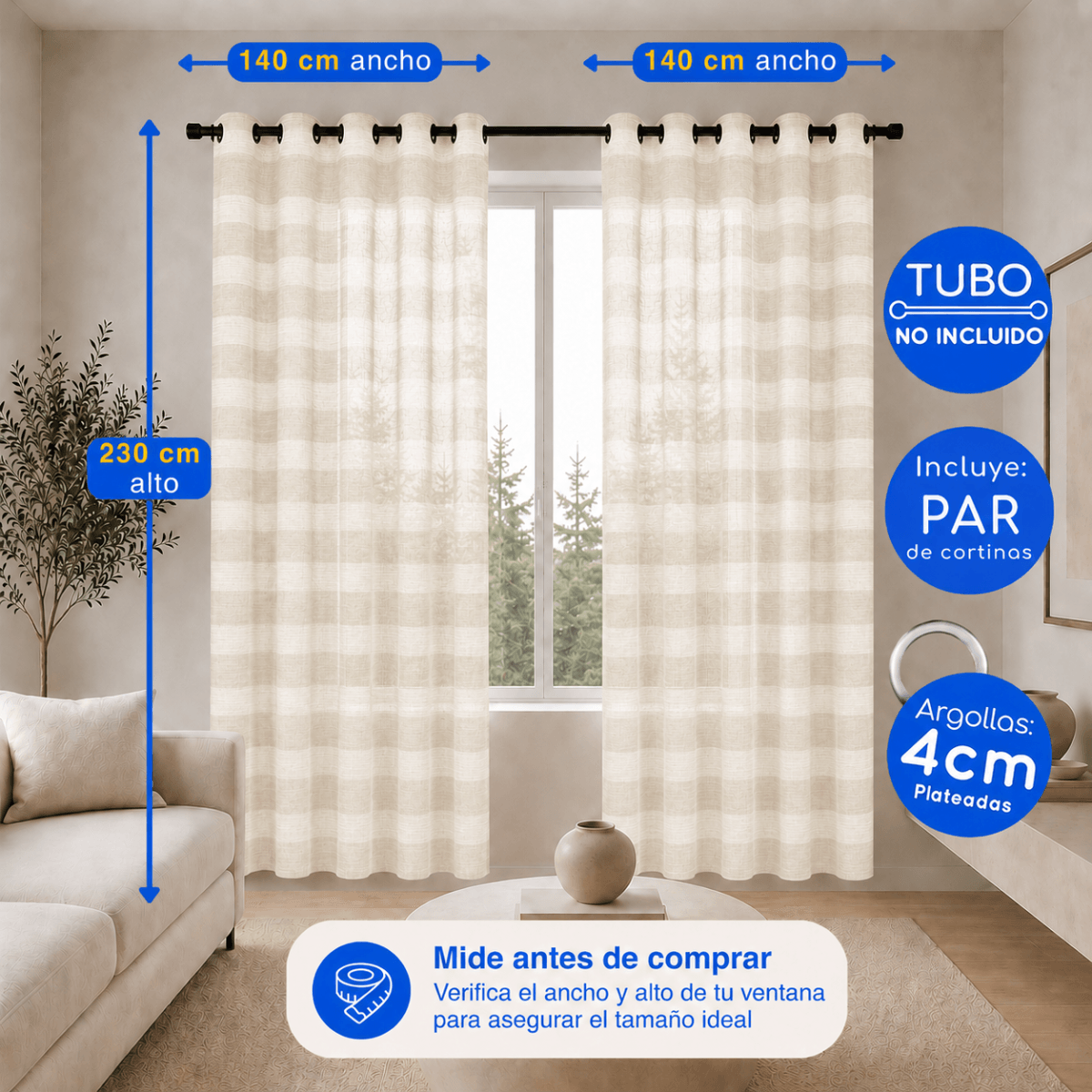 Cortina Visillo Velo Lino Traslúcido 2 Paños Beige Rayas Guiza