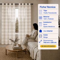 Cortina Visillo Velo Lino Traslúcido 2 Paños Beige Rayas Guiza