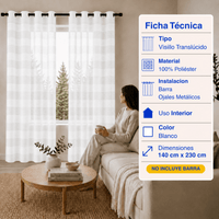 Cortina Visillo Velo Lino Traslúcido 2 Paños Blanco Rayas Guiza