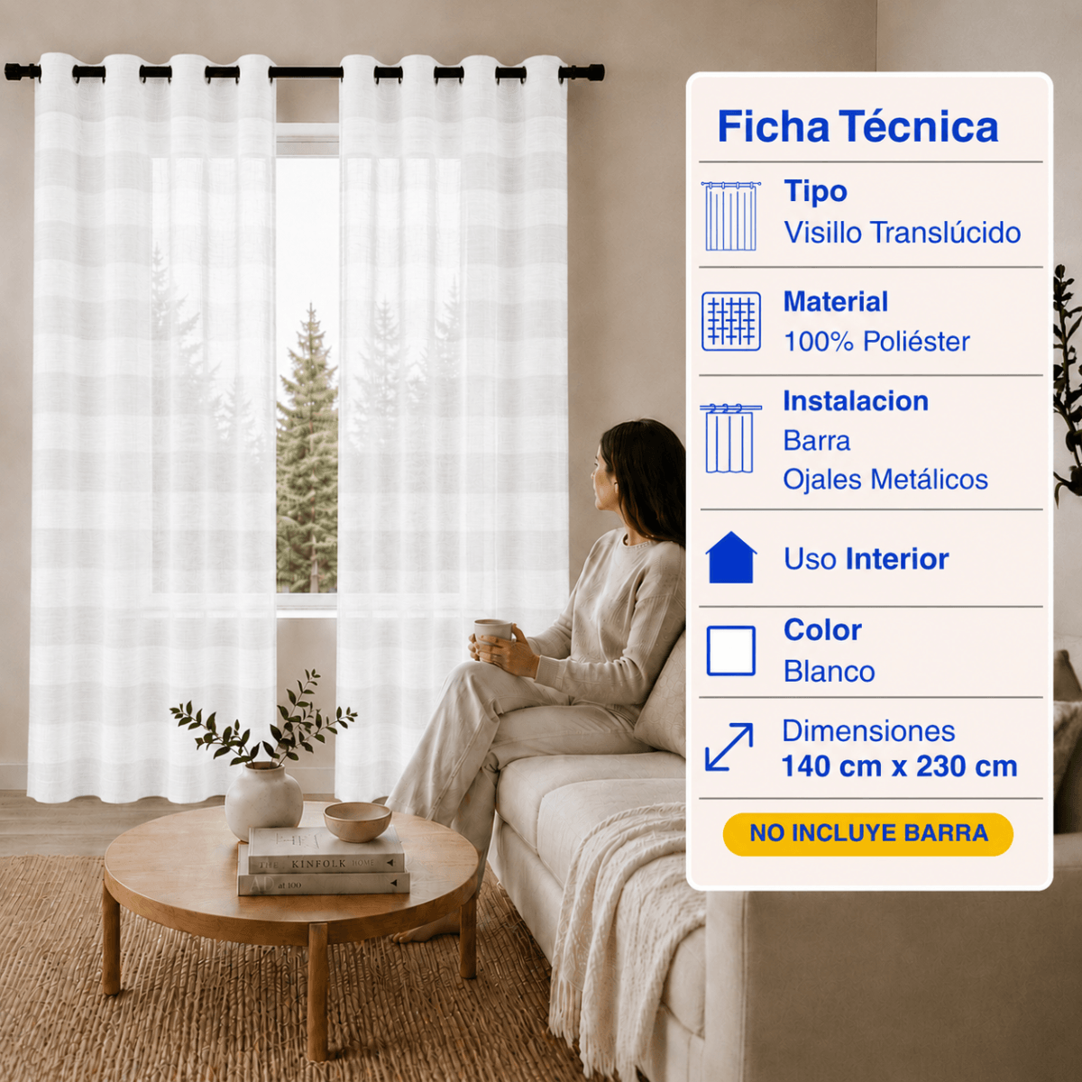 Cortina Visillo Velo Lino Traslúcido 2 Paños Blanco Rayas Guiza
